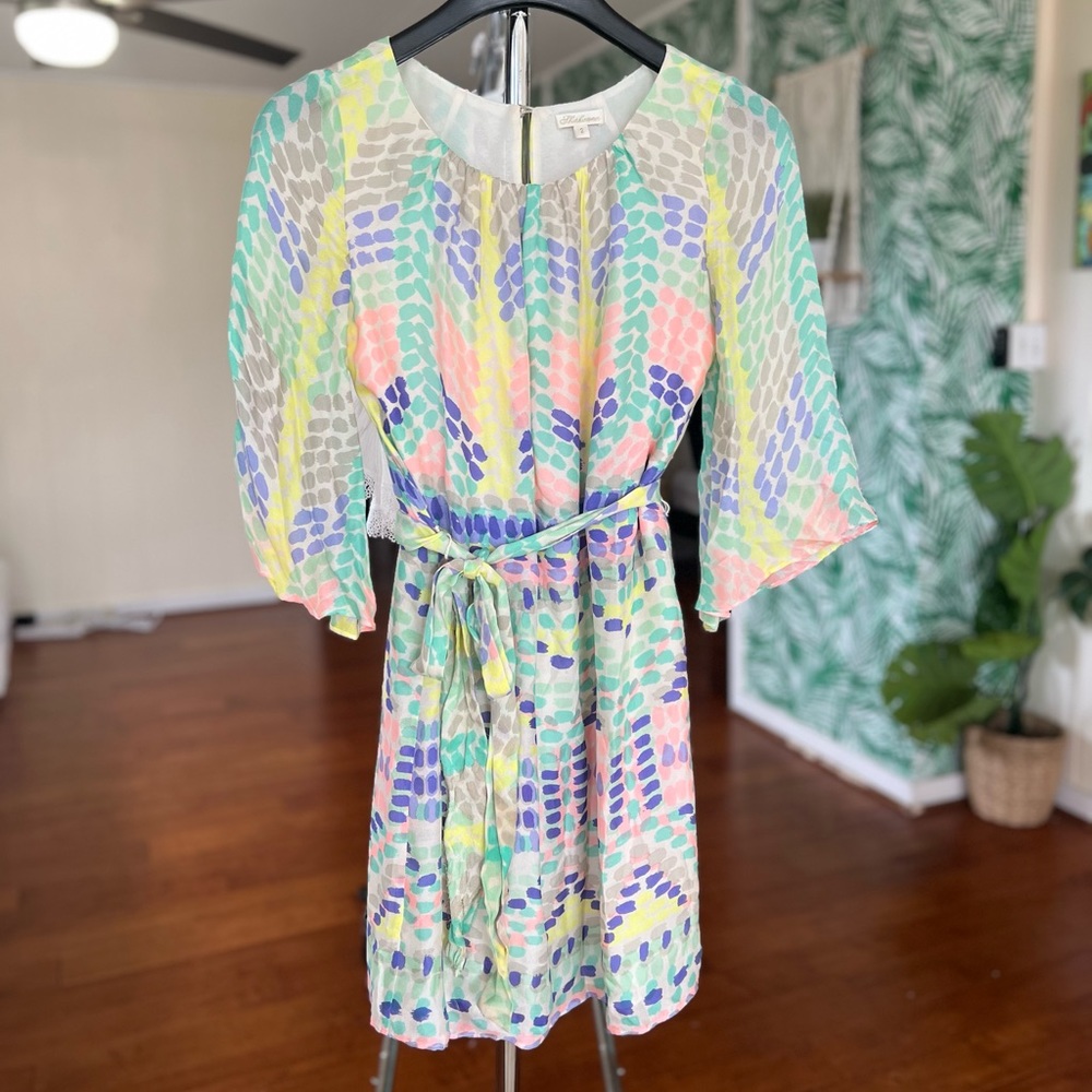 Shoshanna Pastel Watercolor Pink Mint Green Yellow Blue Mini Dress Sz 2 - Picture 2 of 5